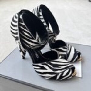 Tom Ford Zebra Print Calf Hair Cone Ankle Sandals Heels Black White Size 37.5